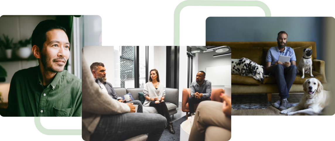 Image collage; Man looking out of a window, a gathering of people and man sitting on his couch.